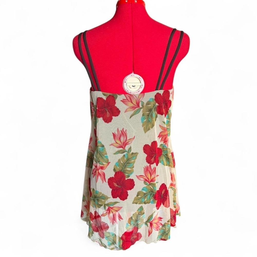 Vintage One Piece Swimsuit Swim Dress red and white hibiscus floral mesh - Picture 4 of 8